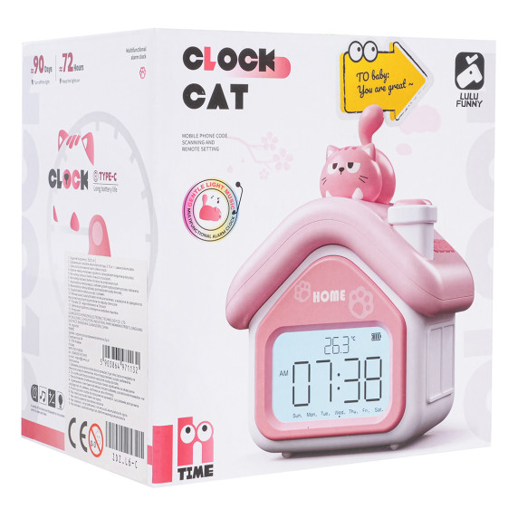 Hodinky s budíkom ružový domček s mačkou Inlea4Fun CLOCK CAT