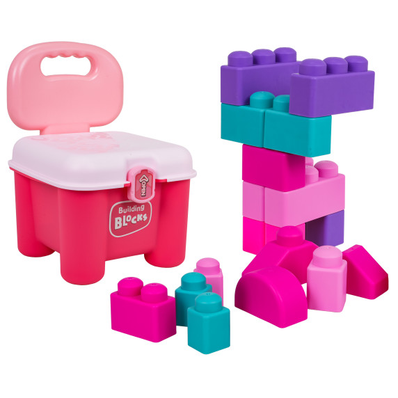Sada mäkkých stavebných blokov v úložnom boxe v tvare stoličky 32 prvkov BUILDING BLOCKS - ružová