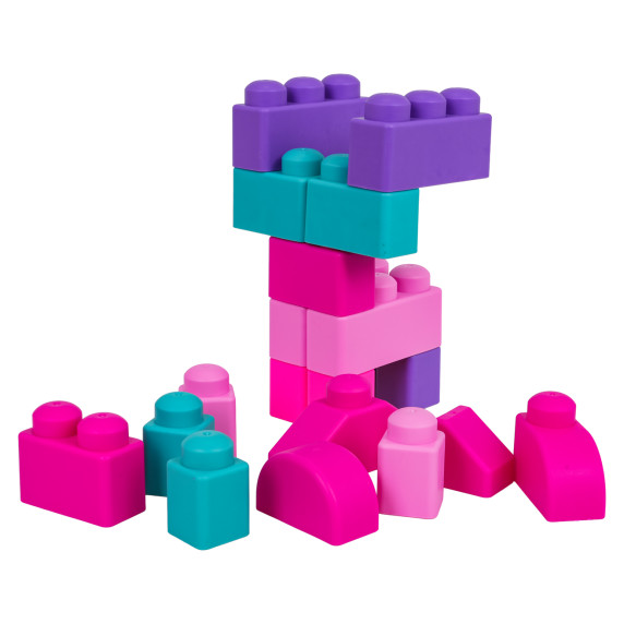 Sada mäkkých stavebných blokov v úložnom boxe v tvare stoličky 32 prvkov BUILDING BLOCKS - ružová