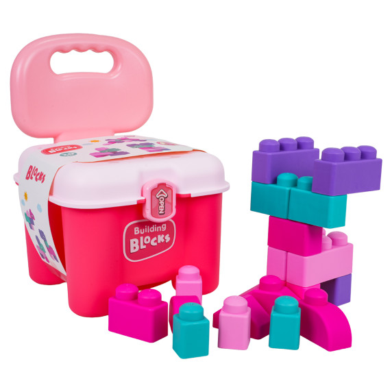 Sada mäkkých stavebných blokov v úložnom boxe v tvare stoličky 32 prvkov BUILDING BLOCKS - ružová