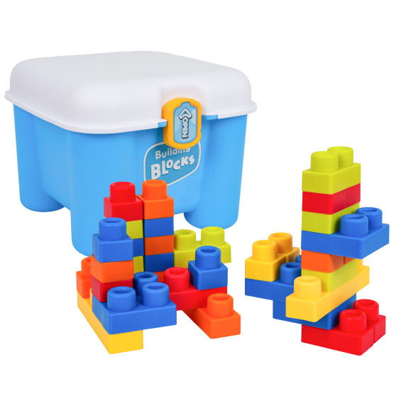 Sada mäkkých stavebných blokov v úložnom boxe v tvare stoličky 32 prvkov BUILDING BLOCKS - modrá