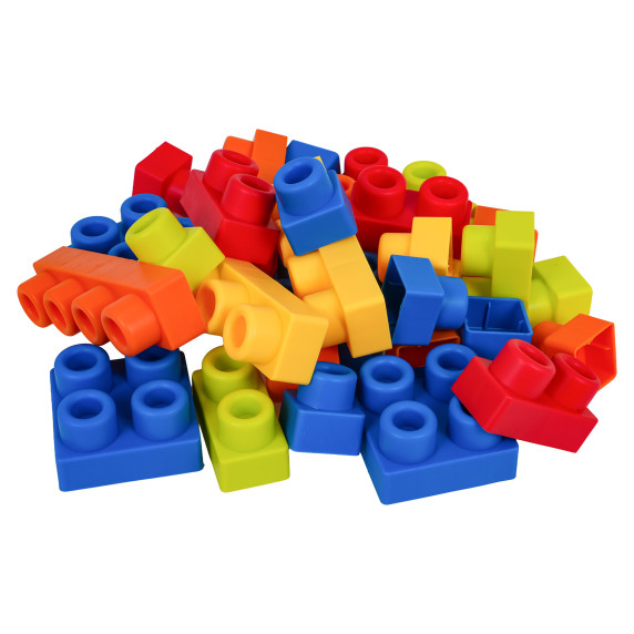 Sada mäkkých stavebných blokov v úložnom boxe v tvare stoličky 32 prvkov BUILDING BLOCKS - modrá