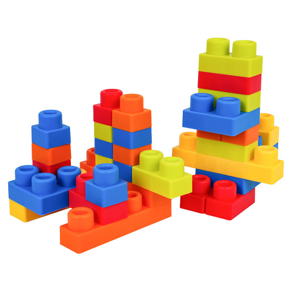 Sada mäkkých stavebných blokov v úložnom boxe v tvare stoličky 32 prvkov BUILDING BLOCKS - modrá