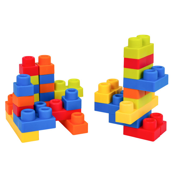 Sada mäkkých stavebných blokov v úložnom boxe v tvare stoličky 32 prvkov BUILDING BLOCKS - modrá