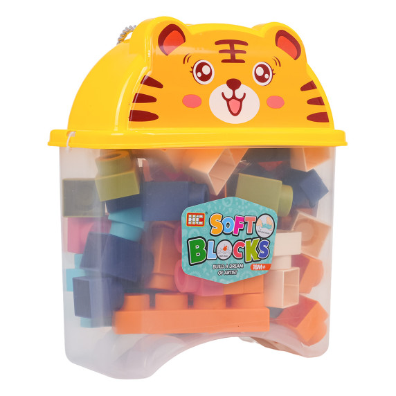 Sada mäkkých stavebných blokov 44 ks v krabici so šnúrkou SOFT BLOCKS - tiger