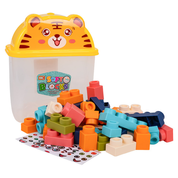 Sada mäkkých stavebných blokov 44 ks v krabici so šnúrkou SOFT BLOCKS - tiger