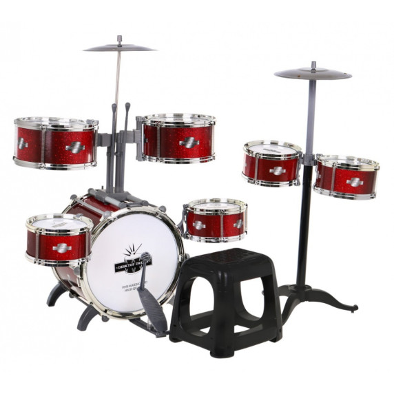 Játék dobfelszerelés ülőkével Inlea4Fun DRUM SET - Piros