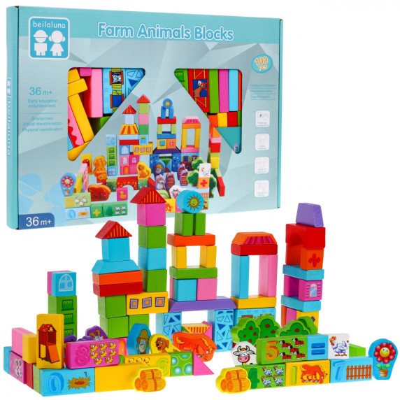 Fa építőjáték 100 darabos Inlea4Fun FARM ANIMAL BLOCKS