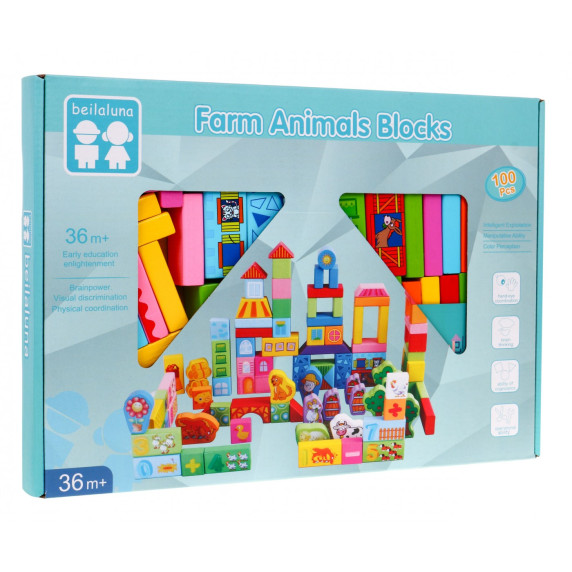 Fa építőjáték 100 darabos Inlea4Fun FARM ANIMAL BLOCKS