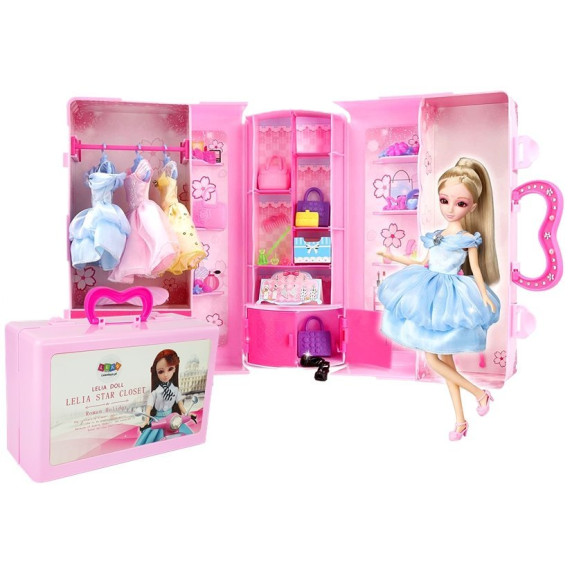 Šatníková skriňa v kufríku s bábikou a doplnkami Inlea4Fun LELIA STAR CLOSET