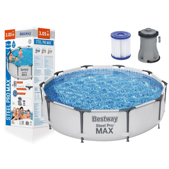 Piscină cu filtru de hârtie - 305x76 cm - BESTWAY 56408 Steel Pro - gri