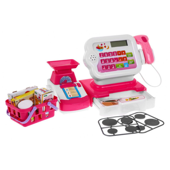 Pénztárgép kiegészítőkkel és bevásárlókosárral - rózsaszín/fehér Inlea4Fun CASH REGISTER