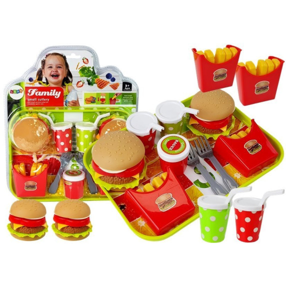 Tavă cu hamburger și cartofi pai de jucărie