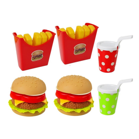 Tavă cu hamburger și cartofi pai de jucărie