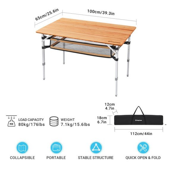 Masă camping - 100 x 65 cm - KING CAMP Bamboo