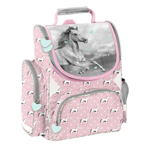 Merevfalú ergonomikus iskolatáska 36x28x15 cm PASO Lovas rózsaszín/szürke