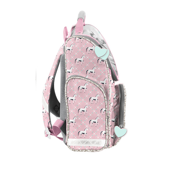 Merevfalú ergonomikus iskolatáska 36x28x15 cm PASO Lovas rózsaszín/szürke
