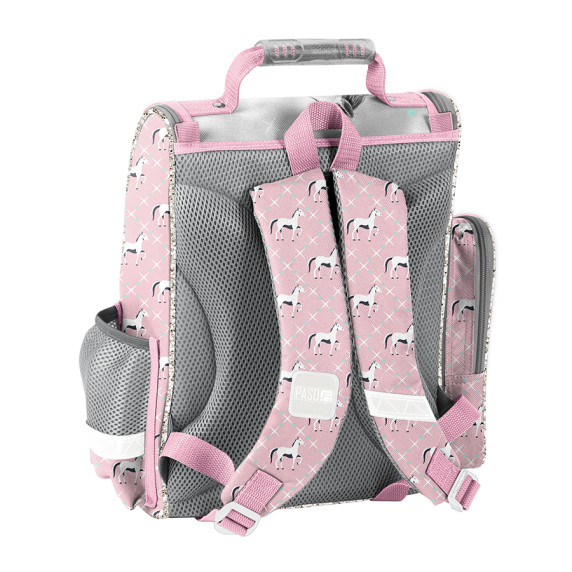 Merevfalú ergonomikus iskolatáska 36x28x15 cm PASO Lovas rózsaszín/szürke