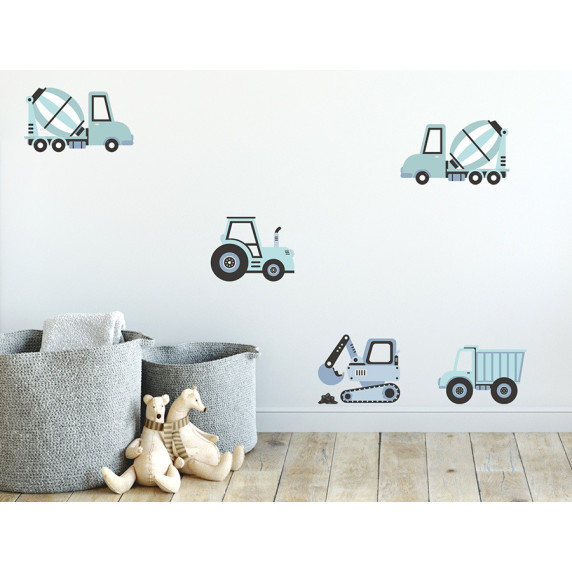 Dekorácia na stenu CONSTRUCTION VEHICLES 12 ks - Nákladné vozidlá - modré