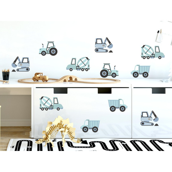 Dekorácia na stenu CONSTRUCTION VEHICLES 12 ks - Nákladné vozidlá - modré