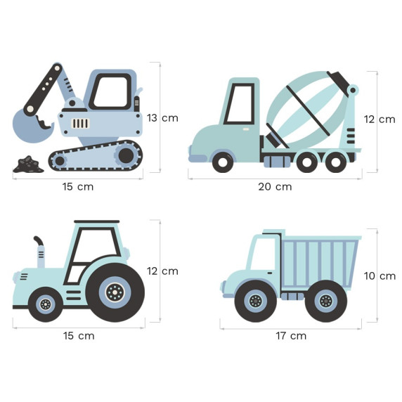 Dekorácia na stenu CONSTRUCTION VEHICLES 12 ks - Nákladné vozidlá - modré