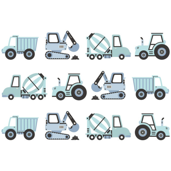 Dekorácia na stenu CONSTRUCTION VEHICLES 12 ks - Nákladné vozidlá - modré
