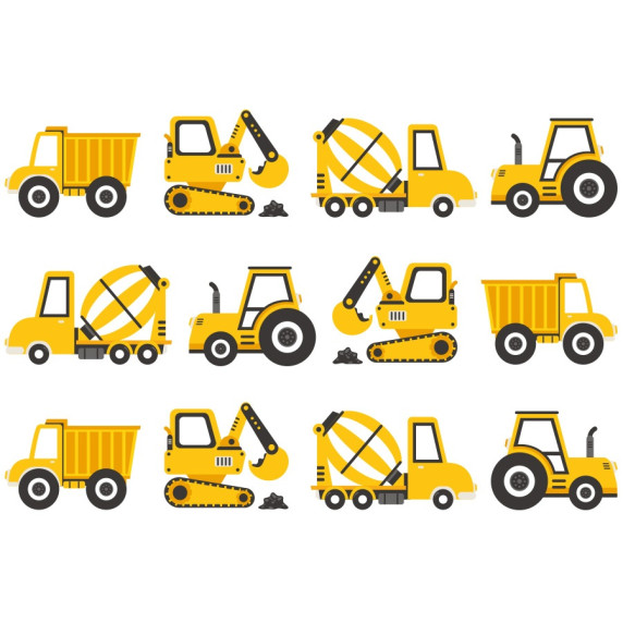 Autocolant perete Construction Vehicles, vehicule de construcții, albastru