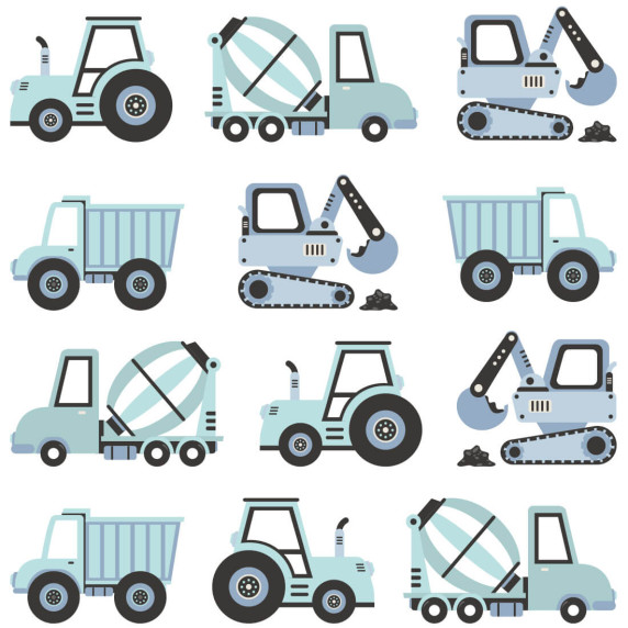 Dekorácia na stenu CONSTRUCTION VEHICLES 12 ks - Nákladné vozidlá - modré