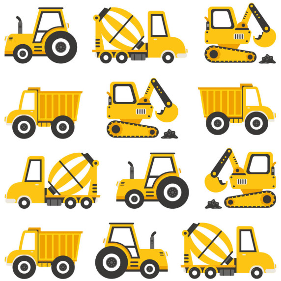 Autocolant perete Construction Vehicles, vehicule de construcții, albastru