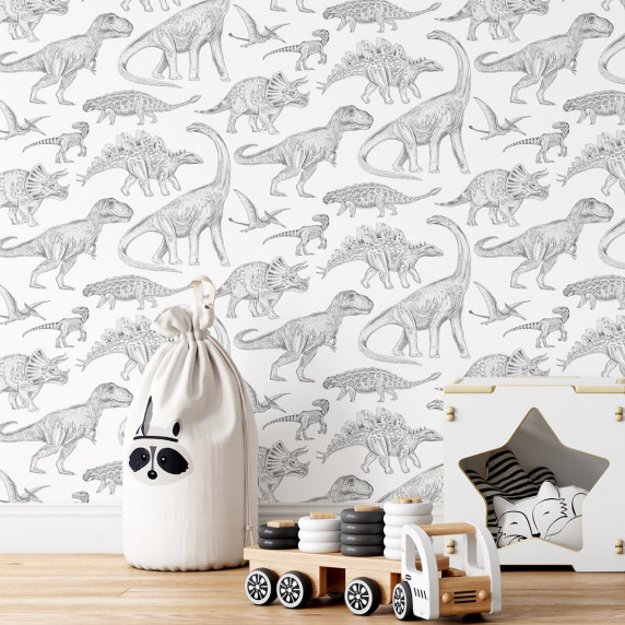 Tapet - dinozaur - alb - PASTELOWE Wallpapers Dino White