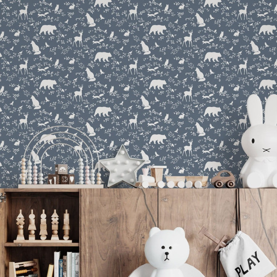 Tapet - animale de pădure - albastru - PASTELOWE Wallpapers Forest Blue