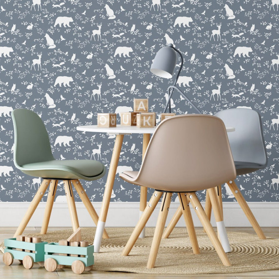 Tapet - animale de pădure - albastru - PASTELOWE Wallpapers Forest Blue