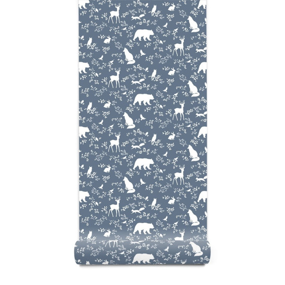 Tapet - animale de pădure - albastru - PASTELOWE Wallpapers Forest Blue