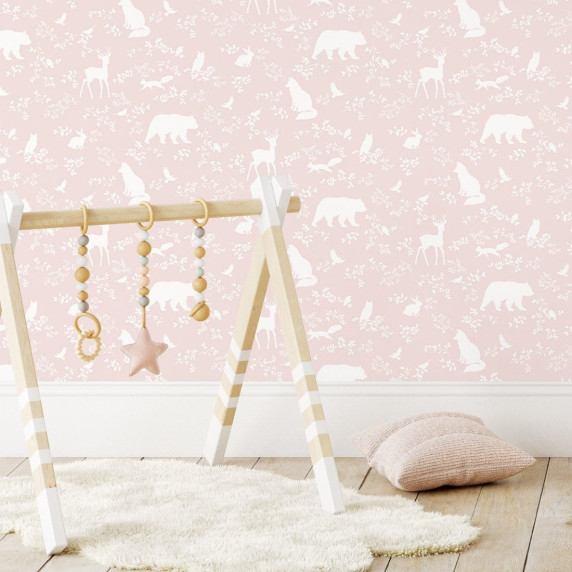 Tapet -animale de pădure - roz - PASTELOWE Wallpapers Forest Pink 