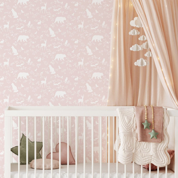 Tapet -animale de pădure - roz - PASTELOWE Wallpapers Forest Pink 