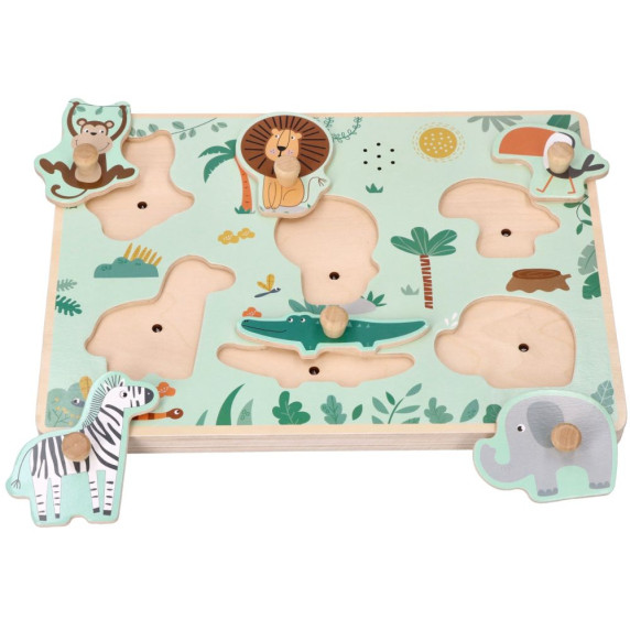 Puzzle din lemn cu mânere și efecte sonore - safari