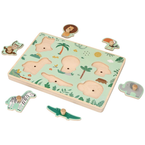 Puzzle din lemn cu mânere și efecte sonore - safari