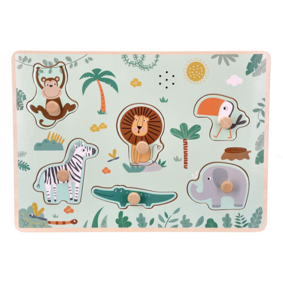 Puzzle din lemn cu mânere și efecte sonore - safari