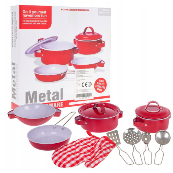 Fém játék edénykészlet 9 darabos Inlea4Fun METAL KITCHENWARE - Piros