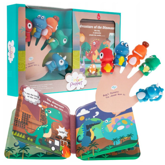 Set 5 marionete pentru degete + carte cu dinozauri pentru copii -  Inlea4Fun FINGER PUPPET