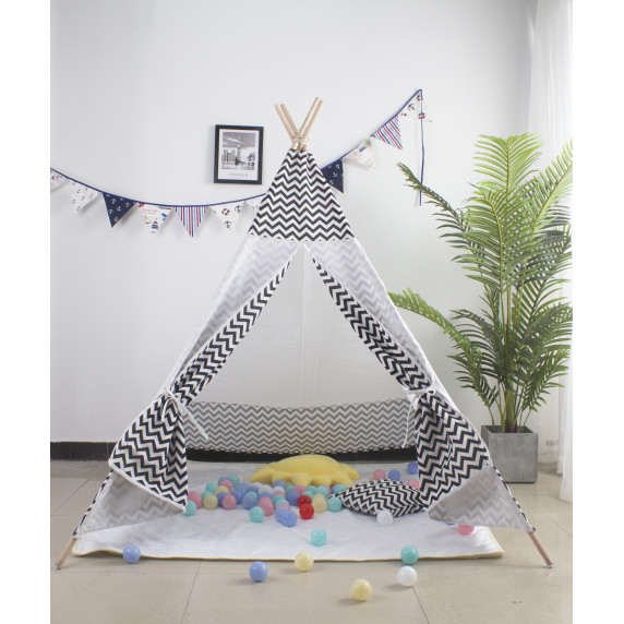 Cort indian pentru copii cu perină - Teepee ZigZag - alb/gri