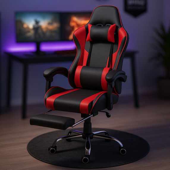 Scaun gamer cu suport pentru picioare AGA DS5011 - negru/roșu