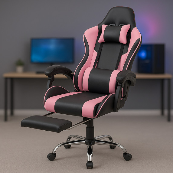Scaun gamer cu suport pentru picioare AGA DS5011 - negru/roz