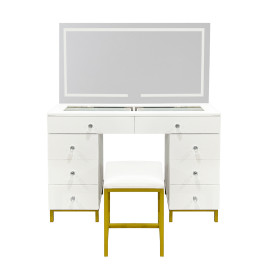 Masă de toaletă cu oglindă și iluminare Led + scaun  AGA MRDT20 - alb mat - 