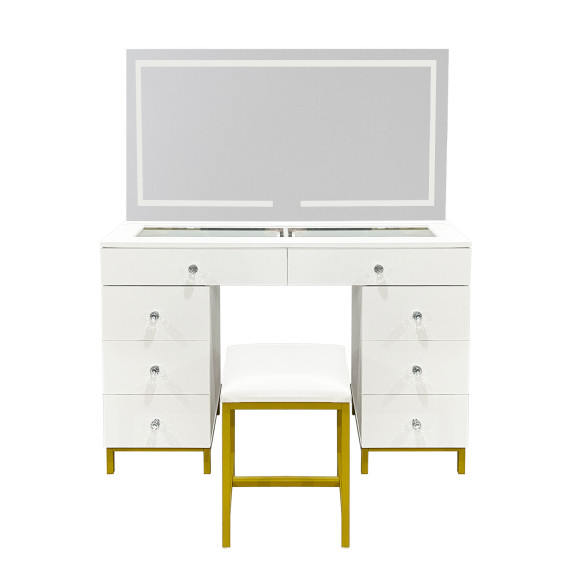 Masă de toaletă cu oglindă și iluminare Led + scaun  AGA MRDT20 - alb mat