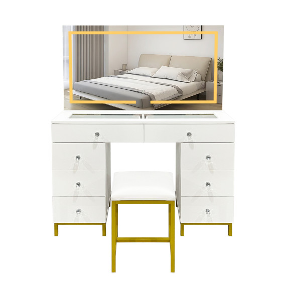 Masă de toaletă cu oglindă și iluminare Led + scaun  AGA MRDT20 - alb mat