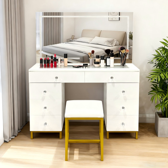 Masă de toaletă cu oglindă și iluminare Led + scaun  AGA MRDT20 - alb mat