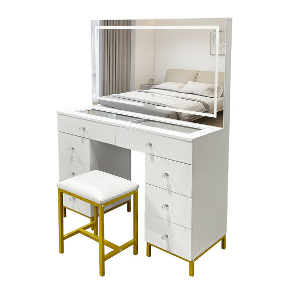 Masă de toaletă cu oglindă și iluminare Led + scaun  AGA MRDT20 - alb mat