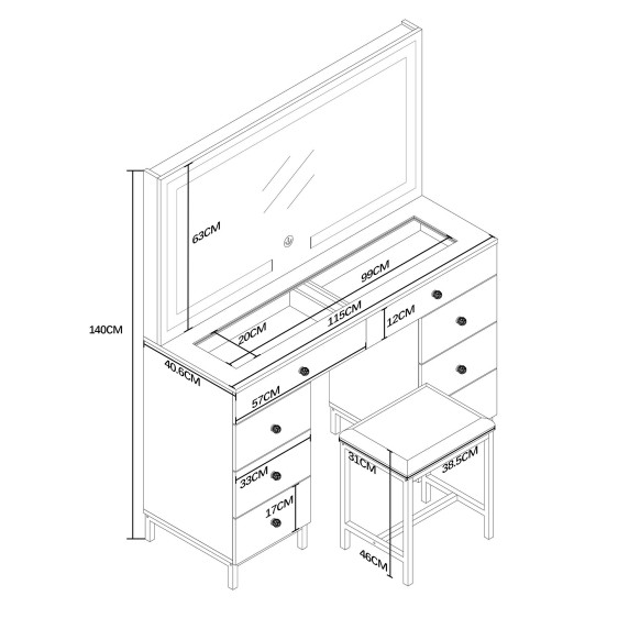 Masă de toaletă cu oglindă și iluminare Led + scaun  AGA MRDT20 - alb mat