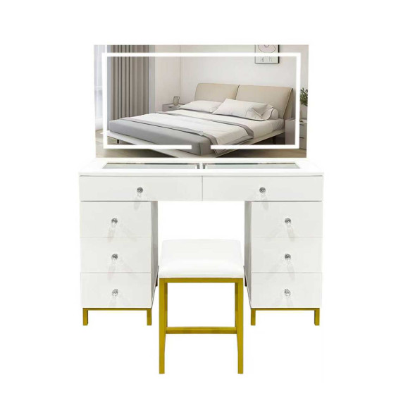 Masă de toaletă cu oglindă și iluminare Led + scaun  AGA MRDT20 - alb mat